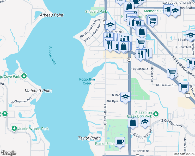map of restaurants, bars, coffee shops, grocery stores, and more near 1410 Southwest Palm City Road in Stuart
