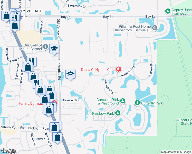 map of restaurants, bars, coffee shops, grocery stores, and more near 626 Rivendell Boulevard in Osprey