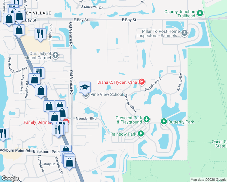 map of restaurants, bars, coffee shops, grocery stores, and more near 622 Rivendell Boulevard in Osprey