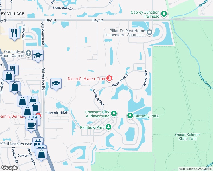 map of restaurants, bars, coffee shops, grocery stores, and more near 1363 New Forest Lane in Osprey