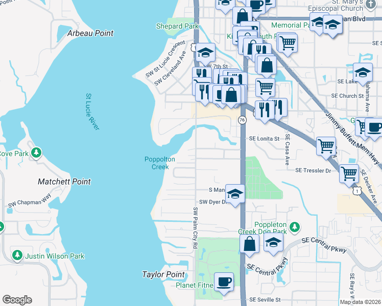 map of restaurants, bars, coffee shops, grocery stores, and more near 545 Southwest Indian River Court in Stuart