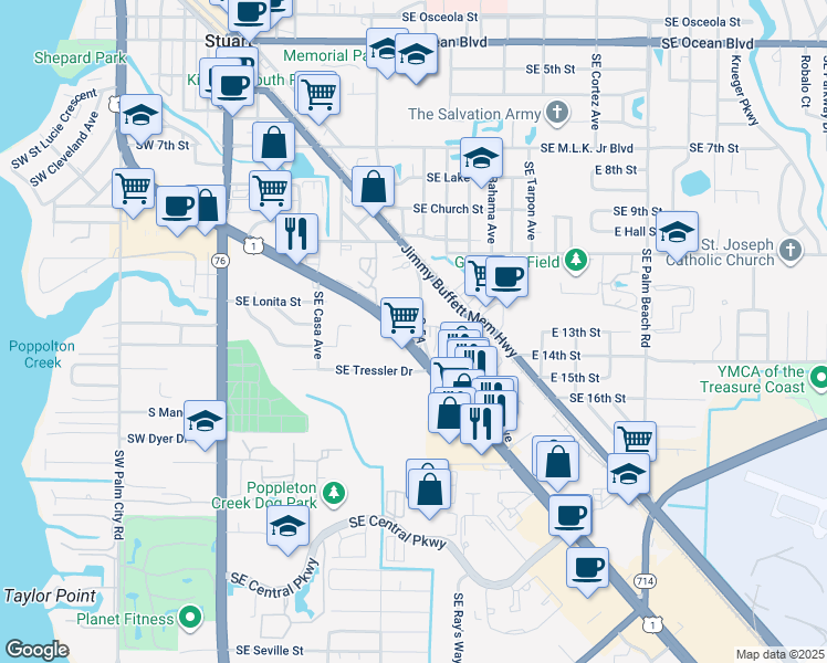 map of restaurants, bars, coffee shops, grocery stores, and more near 1221 Southeast Federal Highway in Stuart