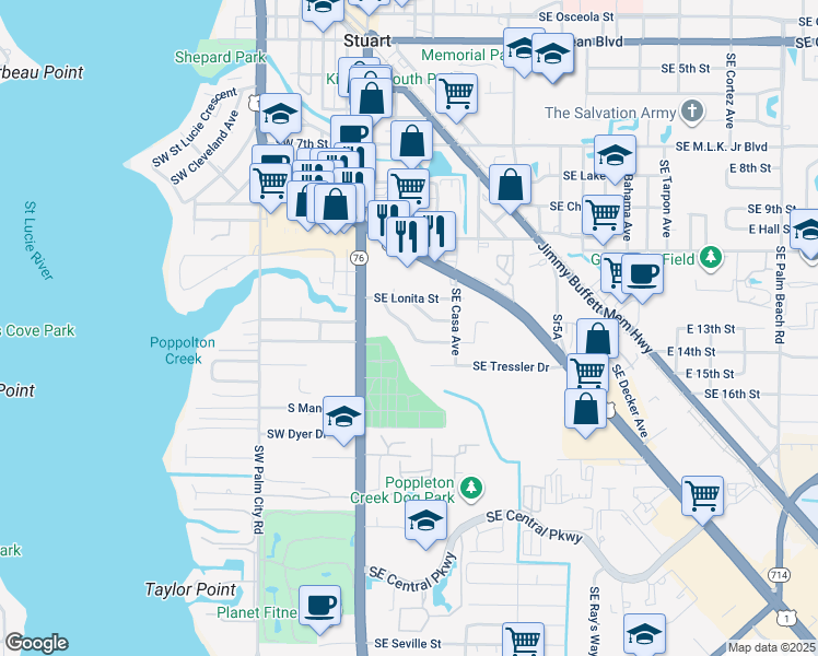map of restaurants, bars, coffee shops, grocery stores, and more near Southeast Villas Street in Stuart