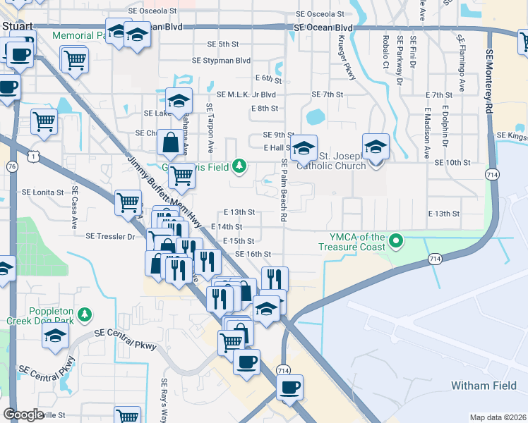 map of restaurants, bars, coffee shops, grocery stores, and more near 875 East 13th Street in Stuart