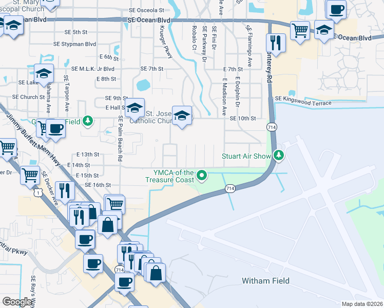 map of restaurants, bars, coffee shops, grocery stores, and more near 1280 Southeast Seashell Lane in Stuart