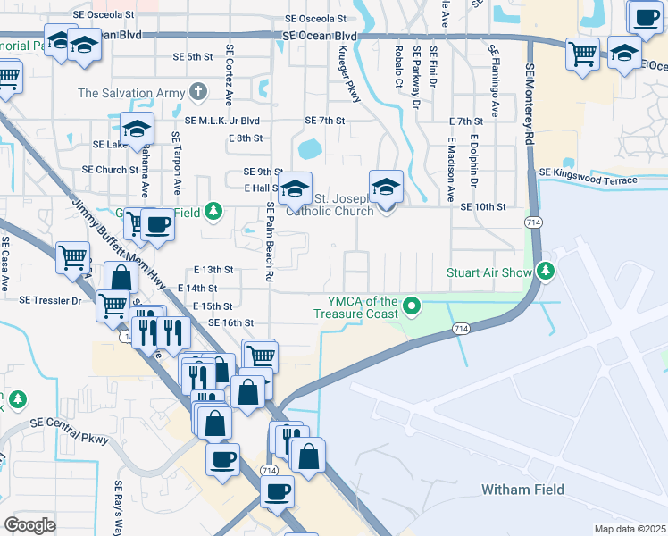 map of restaurants, bars, coffee shops, grocery stores, and more near 1305 Southeast Sea Oat Lane in Stuart
