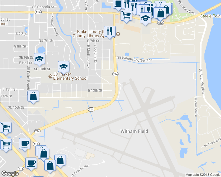 map of restaurants, bars, coffee shops, grocery stores, and more near 1671 East 13th Street in Stuart