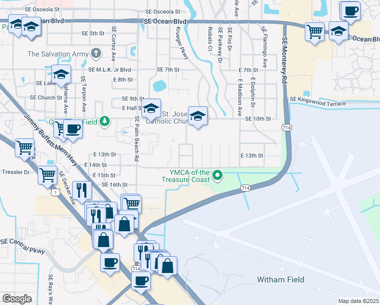 map of restaurants, bars, coffee shops, grocery stores, and more near 1161 Southeast 13th Street in Stuart