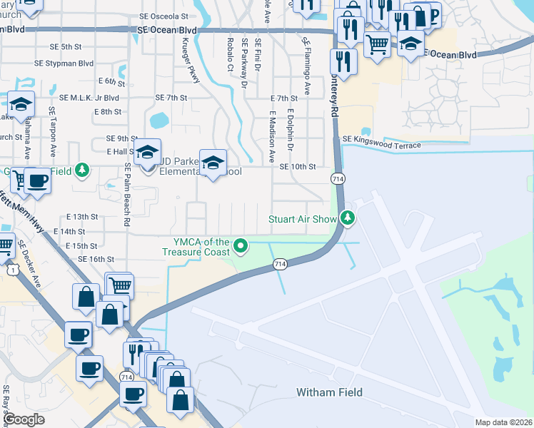 map of restaurants, bars, coffee shops, grocery stores, and more near 1433 East 13th Street in Stuart