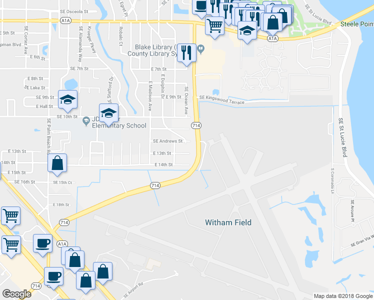 map of restaurants, bars, coffee shops, grocery stores, and more near 1671 East 13th Street in Stuart