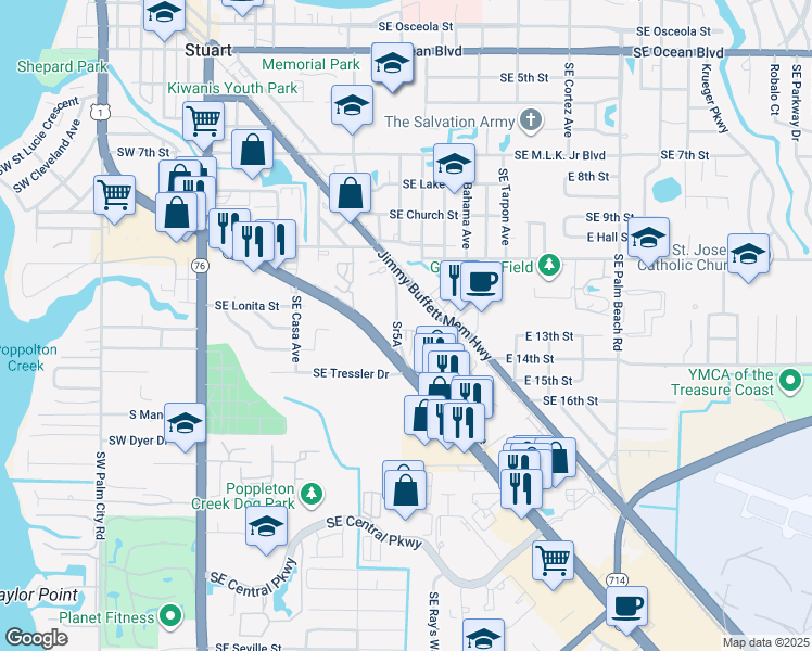 map of restaurants, bars, coffee shops, grocery stores, and more near 1221 Southeast Federal Highway in Stuart