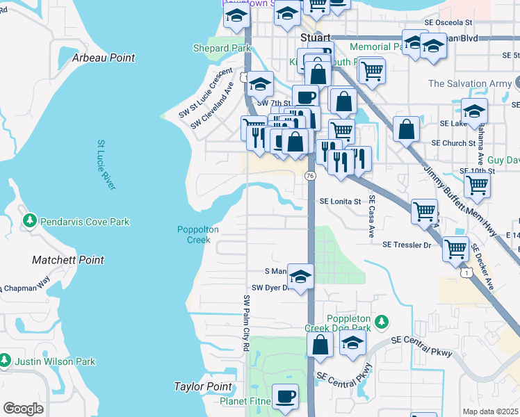 map of restaurants, bars, coffee shops, grocery stores, and more near 326 Southwest Indian Grove Drive in Stuart
