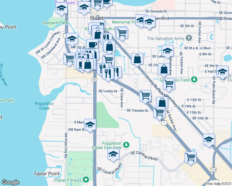 map of restaurants, bars, coffee shops, grocery stores, and more near 986 Southeast Federal Highway in Stuart