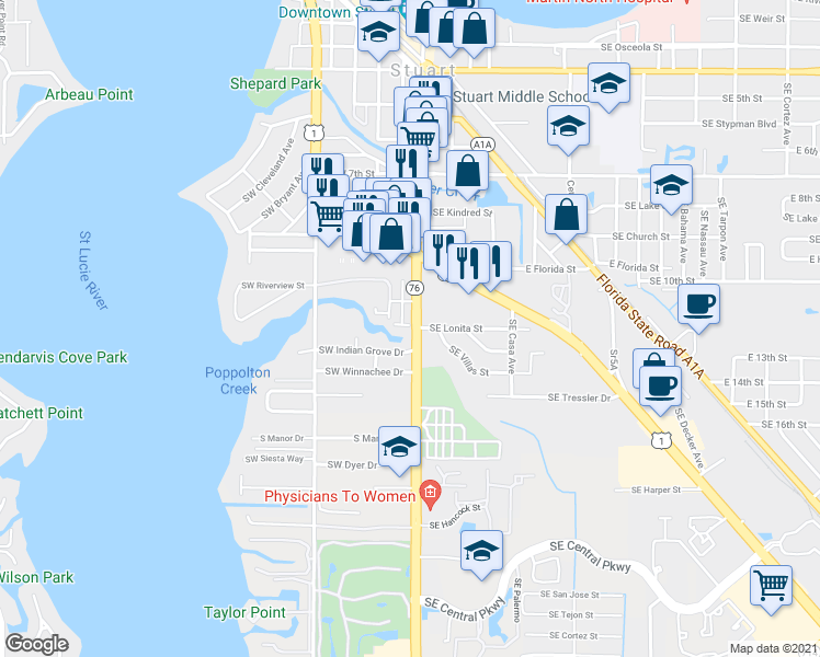map of restaurants, bars, coffee shops, grocery stores, and more near 101 Southeast Lonita Street in Stuart