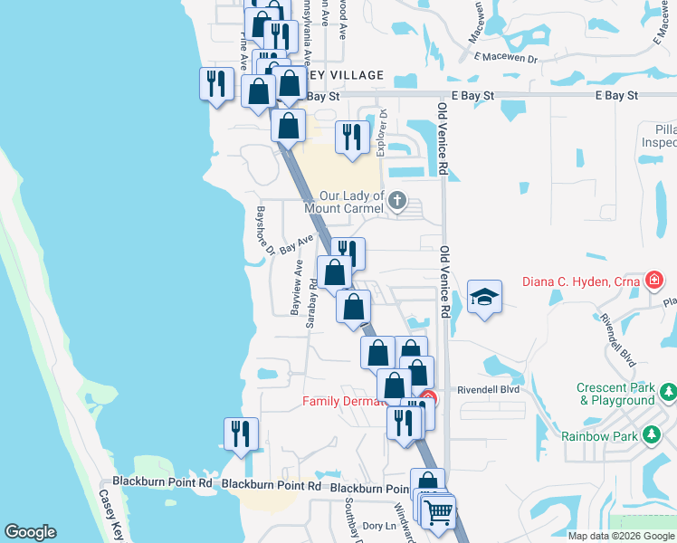 map of restaurants, bars, coffee shops, grocery stores, and more near 454 South Tamiami Trail in Osprey