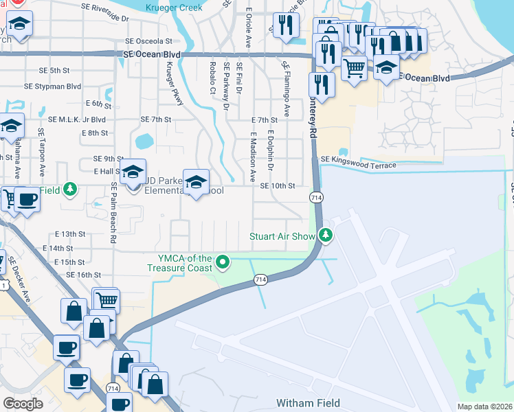 map of restaurants, bars, coffee shops, grocery stores, and more near 1103 East Madison Avenue in Stuart