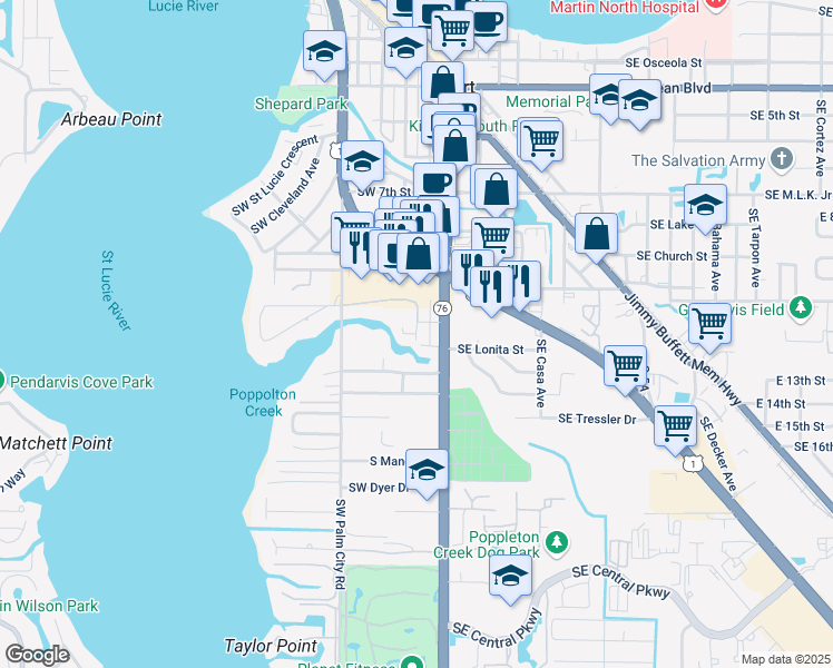 map of restaurants, bars, coffee shops, grocery stores, and more near 950 South Kanner Highway in Stuart