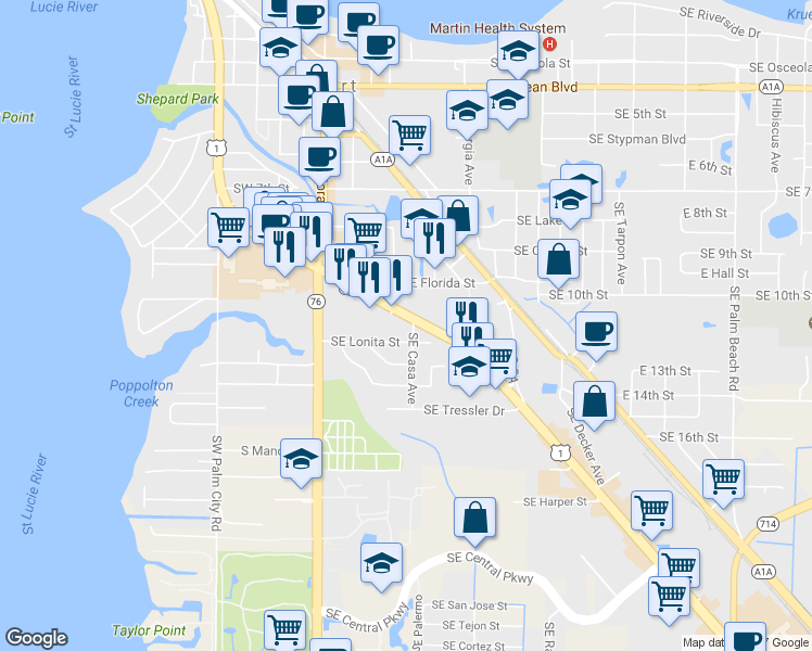map of restaurants, bars, coffee shops, grocery stores, and more near 986 Southeast Federal Highway in Stuart