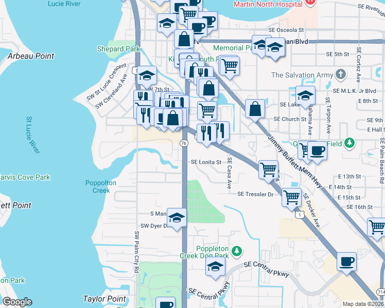 map of restaurants, bars, coffee shops, grocery stores, and more near 101 Southeast Lonita Street in Stuart