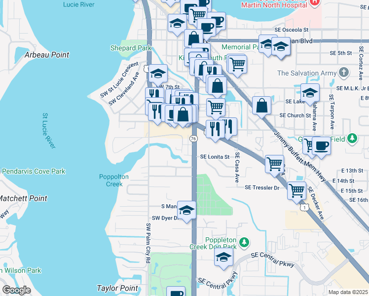 map of restaurants, bars, coffee shops, grocery stores, and more near 950 South Kanner Highway in Stuart