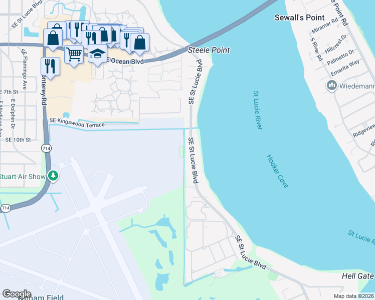 map of restaurants, bars, coffee shops, grocery stores, and more near 1196 Southeast Saint Lucie Boulevard in Stuart