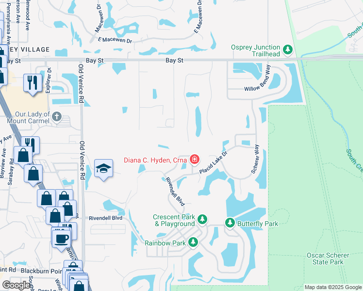 map of restaurants, bars, coffee shops, grocery stores, and more near 747 Fordingbridge Way in Osprey
