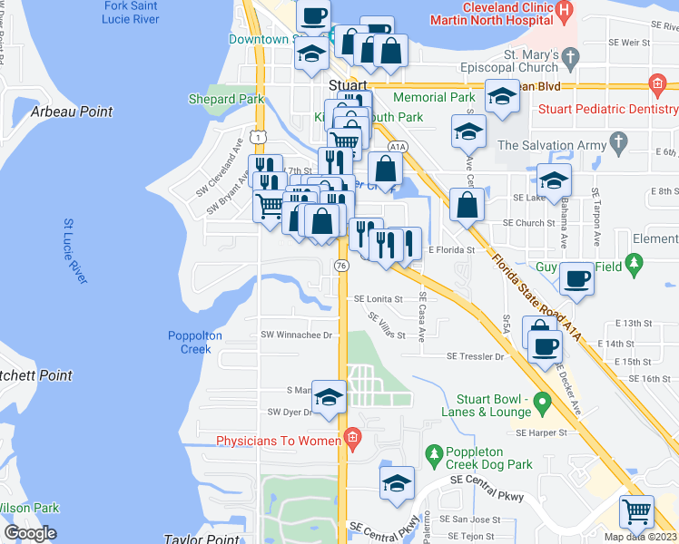 map of restaurants, bars, coffee shops, grocery stores, and more near 101 Southeast Lonita Street in Stuart