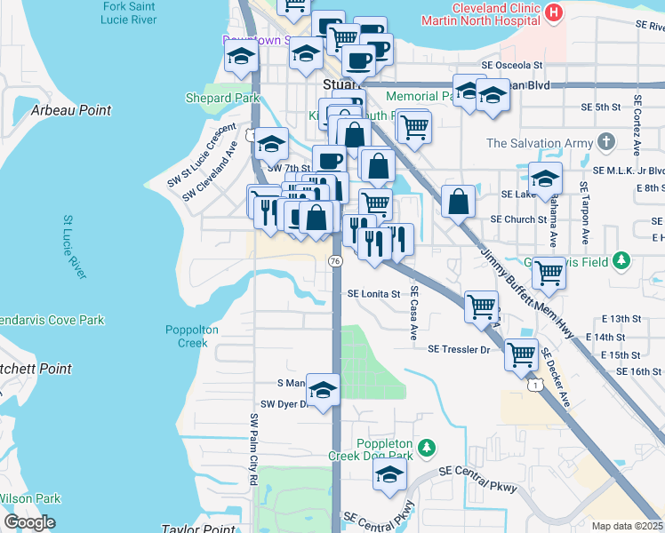 map of restaurants, bars, coffee shops, grocery stores, and more near 101 Southeast Lonita Street in Stuart