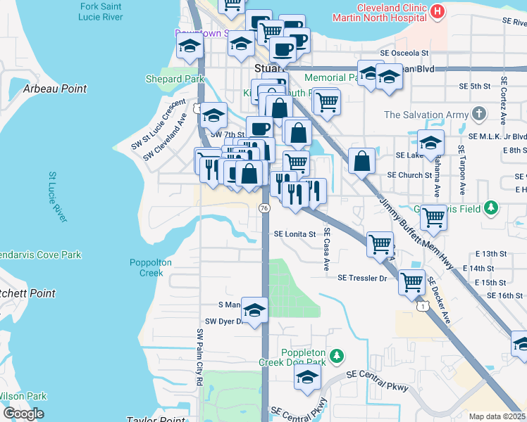 map of restaurants, bars, coffee shops, grocery stores, and more near 872 Southeast Federal Highway in Stuart