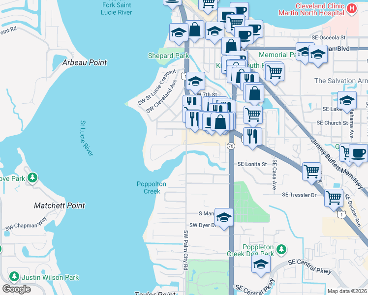 map of restaurants, bars, coffee shops, grocery stores, and more near 924 Southwest Palm City Road in Stuart