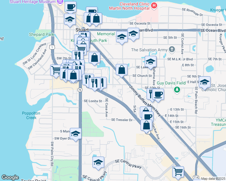 map of restaurants, bars, coffee shops, grocery stores, and more near 290 East Florida Street in Stuart