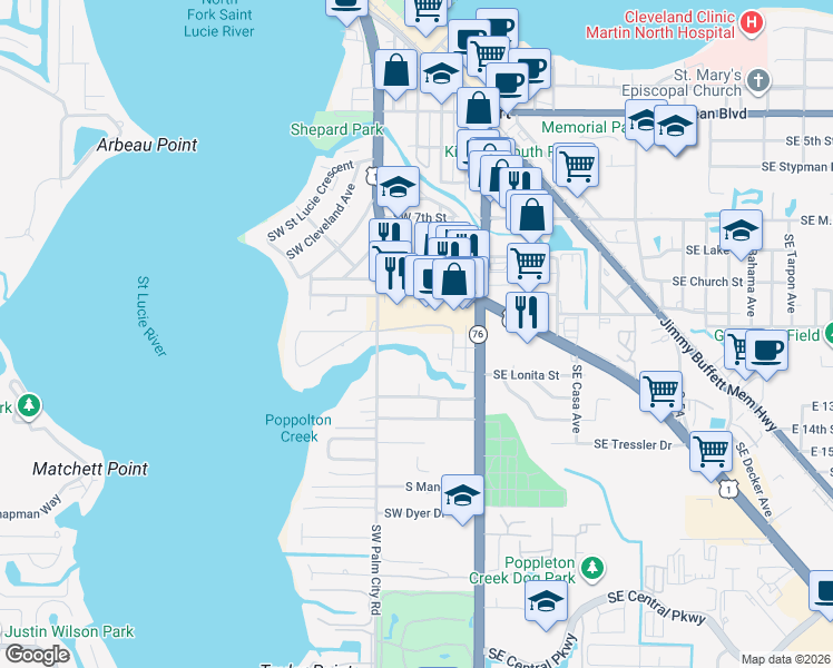map of restaurants, bars, coffee shops, grocery stores, and more near 802 Southwest Federal Highway in Stuart