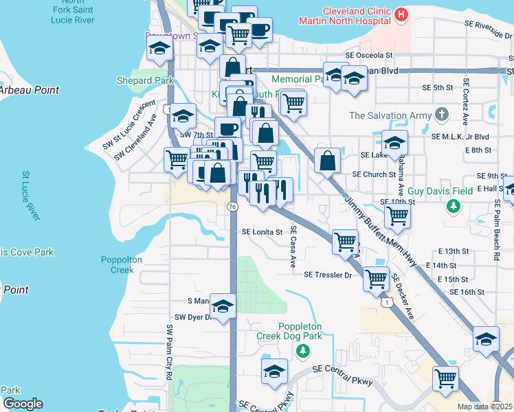 map of restaurants, bars, coffee shops, grocery stores, and more near 955 Southeast Federal Highway in Stuart