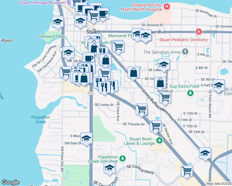 map of restaurants, bars, coffee shops, grocery stores, and more near 989 Southeast Federal Highway in Stuart