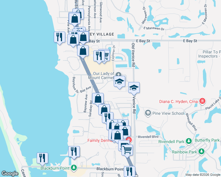 map of restaurants, bars, coffee shops, grocery stores, and more near 117 Burney Road in Osprey