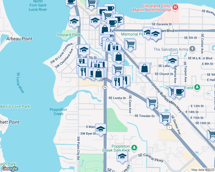 map of restaurants, bars, coffee shops, grocery stores, and more near 872 Southeast Federal Highway in Stuart