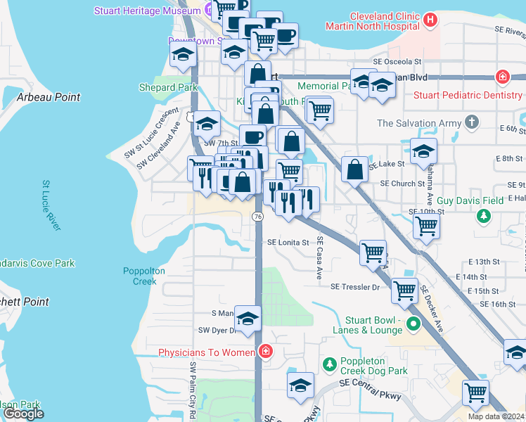 map of restaurants, bars, coffee shops, grocery stores, and more near 872 Southeast Federal Highway in Stuart