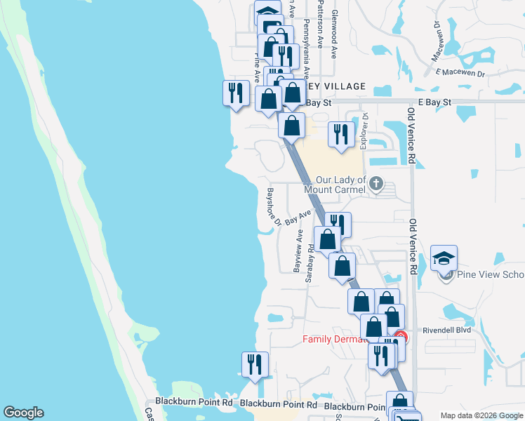 map of restaurants, bars, coffee shops, grocery stores, and more near 356 Bayshore Drive in Osprey