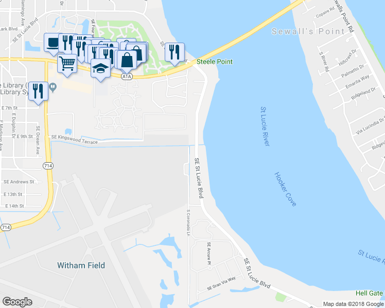 map of restaurants, bars, coffee shops, grocery stores, and more near 1094 Southeast Saint Lucie Boulevard in Stuart