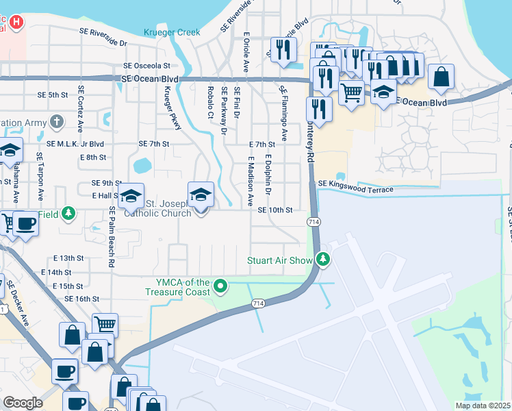 map of restaurants, bars, coffee shops, grocery stores, and more near 933 East Madison Avenue in Stuart