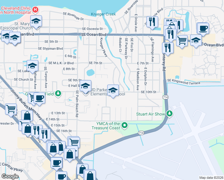 map of restaurants, bars, coffee shops, grocery stores, and more near 1121 Southeast 10th Street in Stuart