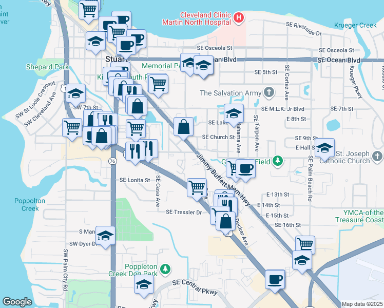 map of restaurants, bars, coffee shops, grocery stores, and more near 937 Southeast Florida Street in Stuart