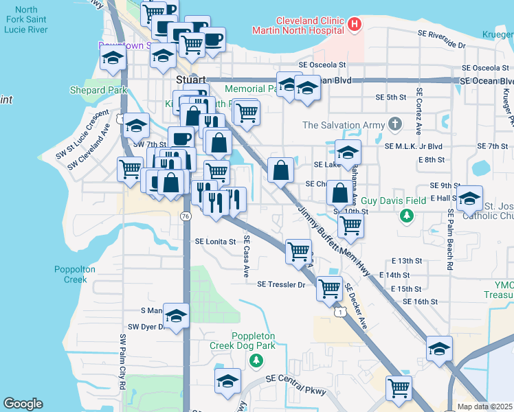 map of restaurants, bars, coffee shops, grocery stores, and more near 290 East Florida Street in Stuart