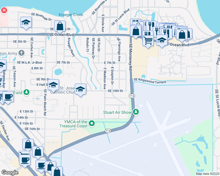 map of restaurants, bars, coffee shops, grocery stores, and more near 933 East Madison Avenue in Stuart