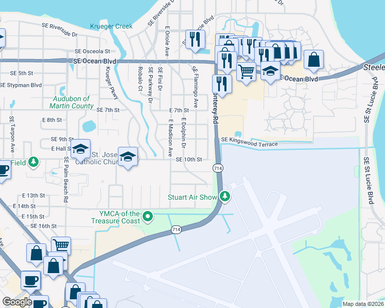 map of restaurants, bars, coffee shops, grocery stores, and more near 920 Southeast Flamingo Avenue in Stuart