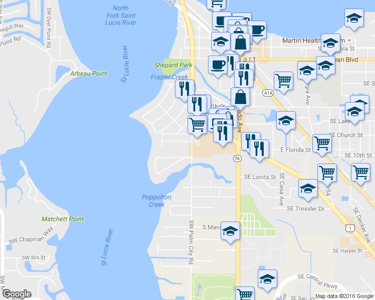 map of restaurants, bars, coffee shops, grocery stores, and more near 924 Southwest Palm City Road in Stuart
