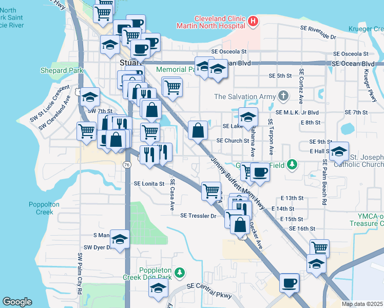 map of restaurants, bars, coffee shops, grocery stores, and more near 937 Southeast Florida Street in Stuart
