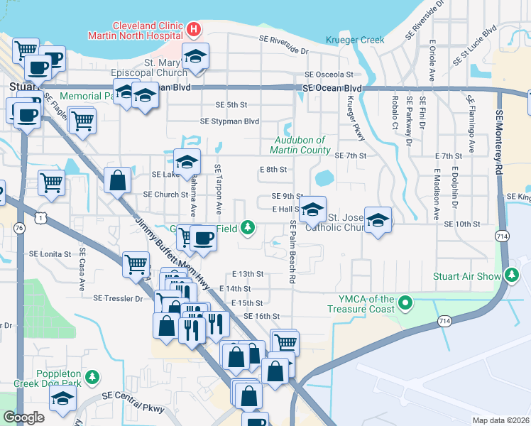 map of restaurants, bars, coffee shops, grocery stores, and more near 911 Southeast 10th Street in Stuart