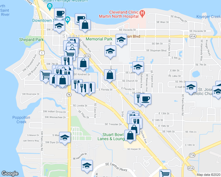 map of restaurants, bars, coffee shops, grocery stores, and more near 937 Southeast Florida Street in Stuart