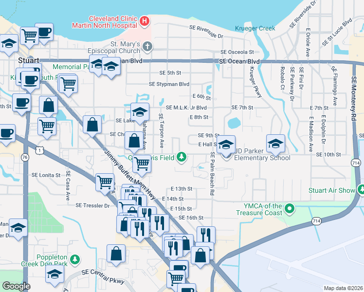 map of restaurants, bars, coffee shops, grocery stores, and more near 945 Southeast Forrest Park Drive in Stuart